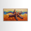 Starfish Beach, Colorful, Textured, Framed Canvas Print, coastal boho decor, ocean theme, beach house bathroom wall art