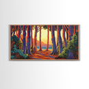 Trees Forest, Ocean, Sunset, Coastal Forest Path Framed Canvas Print, Nature Lover Wall Art, Cabin Decor, Fall Living Room Art