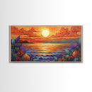 Flowers Sunset, Ocean View, Coastal Bloom, Framed Canvas Print, Vibrant Nature Art, Kitchen Wall Decor, Beach Garden Scene, Bold Colors