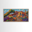 Villa Garden, Adobe, Colorful, Framed Canvas Print, vibrant Mexican villa wall art, blooming flowers, southwestern kitchen décor