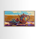 Teapot Patio, Desert, Ceramic, Framed Canvas Print, bold desert teapot art, colorful Mexican pottery, sunny outdoor patio wall art