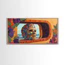 Mask, Window, Flowers, Coastal, Vibrant mask ocean view, Framed Canvas Print, Fiesta Art, Colorful Mexican Decor, Dining Room Wall Art