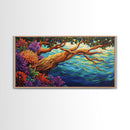 Tree, Ocean, Cliffside, Wildflowers, Framed Canvas Print, Vibrant ocean view, coastal tree decor, autumn style living room wall art