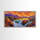Sunset, Waterfall, Mountains, Autumn, Framed Canvas Print, Mountain sunset wall decor, autumn river art, rustic boho living room art