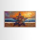 Star Sunset, Ocean, Mandala, Framed Canvas Print vibrant boho wall art, coastal living room decor, sunset mandala beach house artwork