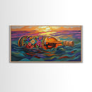 Bottle Ocean, Sunset, Flowers, Framed Canvas Print tropical beach bathroom decor, coastal boho wall art, floral message bottle painting