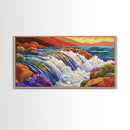 Waterfall Rainbow, Canyon, Bold, Framed Canvas Print vibrant nature bathroom decor, boho rainbow mountain wall art, fantasy print