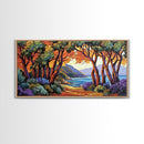 Trees Autumn, Ocean Trail, Canvas Print, Fall landscape, trees leading to ocean view, colorful palette, Living Room Wall Art