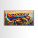 Canoe Dock, Ocean, Bold Palette, vibrant tropical Canvas Print, nautical boho art, playful beach house wall decor, summer vibes