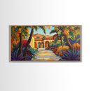 Villa Garden, Palms, Path, Framed Canvas Print, tropical courtyard scene, Mediterranean decor, living room wall art, villa painting