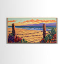 Beach Cactus, Fence, Framed Canvas Print, Vibrant Desert Beach Landscape, Colorful Boho Western Decor, Southwestern Living Room Art