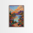 Lake Sunset, Mountains, Cabin, Framed Canvas Print, Serene mountain lake at sunset with cozy cabins, peaceful autumn living room wall art