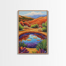 Pond Reflection, Nature, Desert, Framed Canvas Print tranquil desert pond painting, colorful reflection landscape art,  entryway wall decor