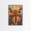 Dragonfly Floral, Bold, Nature, Framed Canvas Print, Boho dragonfly wall art, vivid nature insect painting, Bathroom or Entryway Art