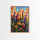 Vibrant Autumn, Blooms, Landscape, Framed Canvas Print, Bright Wildflower Artwork, Living Room Wall Art, Colorful Fall Floral Boho Painting