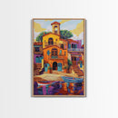 Village Boats, Reflections, Summer, Framed Canvas Print, coastal village wall art, Mediterranean canvas, kitchen decor, nautical rustic home