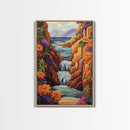 Waterfall Cliffs, Ocean, Framed Canvas Print, Tropical Canyon Wall Art, Colorful Nature Inspired Decor, Bathroom art, Entryway Wall Art