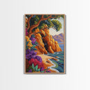 Cave Beach, Flowers, Framed Canvas Print, Coastal Landscape Wall Art, Colorful Boho Nature Decor, Living Room art, Office Wall Art