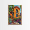 Tropical Villa, Sunset, Vibes, Framed Canvas Print, Mediterranean wall art, boho home decor, warm palette, Kitchen or Living Room