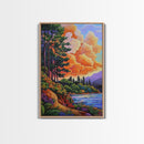 Pine Forest, Sunset, River, Framed Canvas Print, vibrant mountain art, autumn wall decor, cozy cabin wall art, rustic lodge artwork