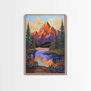 Mountain Sunset, Floral, Lakeview Framed Canvas Print, Bold Nature Landscape, Entryway Autumn Art, Vibrant Boho Wall Decor