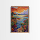Lake Sunset, Wildflowers, Peaceful, Framed Canvas Print, Serene Nature Wall Art, Bedroom or Living Room Decor, Vibrant Landscape Style