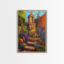 Garden Shrine, Stone Steps, Mission Style, Framed Canvas Print, colorful religious art, desert decor, boho rustic, Living Room Wall Art