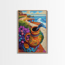 Ocean View, Rustic Charm, Colorful Pottery, Coastal Decor, Framed Canvas Print, Dining Room Wall Art, Mexican Folk Art, vibrant style