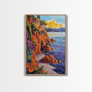 Ocean Cliffside Villa, Seaside Sunset Art, Purple Water Shoreline, Canvas Print, Kitchen Wall Art, Vibrant Mediterranean Landscape