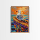 Seagull View, Coastal Bird, Sunset Sky, Ocean Perch, Framed Canvas Print, nautical bird art, hallway wall decor, seagull boho art