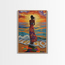 Sunset Beach Woman, Ocean Waves Art, Boho Coastal Decor, Tropical Wall Art, Canvas Print, Living Room Accent, Vibrant Beach Scene