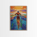 Man Swimming Sunset, Ocean Freedom Art, Tropical Wall Decor, Canvas Print, Bright Water Colors, Bold Bathroom Wall Art