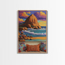 Sunset Beach, Cliffs, Waves, Framed Canvas Print vibrant coastal wall art, beach house decor, ocean cliffs, boho style, living room wall art