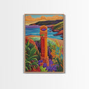 Coastal Landmark Art, Beach Garden View, Framed Canvas Print, Vibrant Landscape Wall Art, Sunroom Decor, Bright Coastal Scene