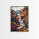 Cascading Falls, Ocean Cliffs, Tropical Flowers, Bold Nature, Framed Canvas Print, Living Room Wall Art, Maximalist Decor, Beach Art