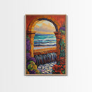 Stone Archway Ocean, Dreamy Seaside Scene, Romantic Sunset Art, Framed Canvas Print, Coastal Entryway Wall Art, Vacation Vibes