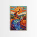 Sunflower River Scene, Whimsical Nature Landscape, Joyful Energy Art, Framed Canvas Print, Bright Nursery Wall Art, Autumn Boho Style