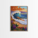Wave Sunset, Ocean, Flowers, Canvas Print, Crashing sunset wave with tropical flowers, coastal bathroom and surf-themed wall decor