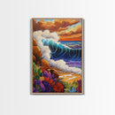 Wave Bold, Ocean, Sunset, Framed Canvas Print, Sunset surf wave crashing on rocks with bold colors, perfect beach house wall art
