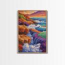 Waterfall Ocean, Rocks, Waves, Canvas Print, Vibrant ocean waterfall over rocky cliffs with colorful waves, ideal coastal living room