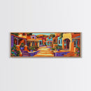 Colorful Village Lane, Bright Street Scene, Adobe Style Architecture, Framed Canvas Print, Boho Entryway Wall Art, Kitchen Decor