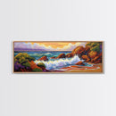 Ocean Wave Crash, Coastal Rock Shore, Vibrant Seascape Painting, Framed Canvas Print, Beach Bathroom or Nautical Living Room Art