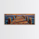 Wooden Dock Sunset, Ocean Pier Painting, Tranquil Seascape Decor, Nautical Beach House Style, Framed Canvas Print