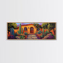 Southwest Garden Entrance, Cactus Desert Home, Rustic Charm, Framed Canvas Print, Living Room Wall Art, Vibrant Adobe Artwork