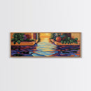 Sunset Canal Garden, Water Reflections, Warm Floral Courtyard, Framed Canvas Print, Kitchen Wall Art, Romantic Boho Artwork