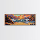 Sunset Beach Waves, Dramatic Ocean, Bold Skies, Framed Canvas Print, Entryway Wall Art, Nature Escape, Colorful Beach Scene