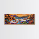 Rocky Coastline, Sunset Splash, Rainbow Stones, Framed Canvas Print, Bathroom Wall Art, Modern Seaside Art, Bold Landscape Vibes