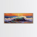 Breaking Wave Art, Sunset Ocean Surf, Bold Seaside Motion, Vibrant Coastal Palette, Framed Canvas Print, Bathroom Beach Decor