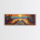 Sunset Path, Ocean View, Tropical Flowers, Canvas Print, Vibrant Beach House Wall Art, Bold Color Decor, Coastal Living Room Art