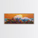 Sunset Wave, Colorful Spray, Ocean Burst, Warm Tones, Framed Canvas Print, surf-inspired bedroom art, coastal decor, tropical fall wall piece